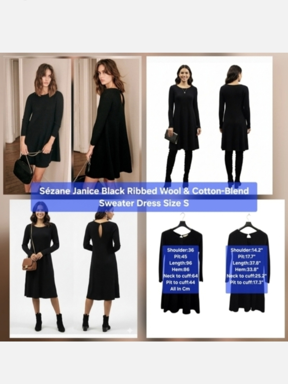Sézane Janice Black Ribbed Wool & Cotton-Blend Sweater Dress Size S